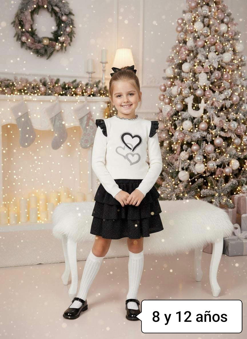 Conjunto niña elegante corazones blanco y negro
