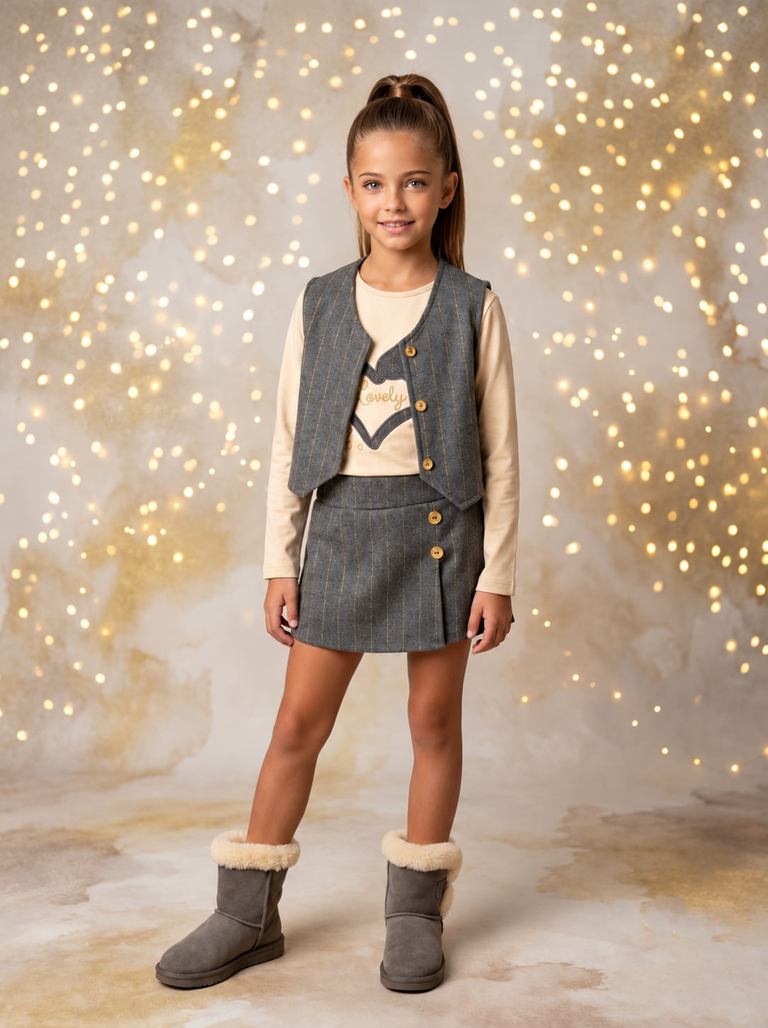 PREVENTA 💘 Conjunto Infantil Niña Chaleco y Falda Gris con Rayas Doradas