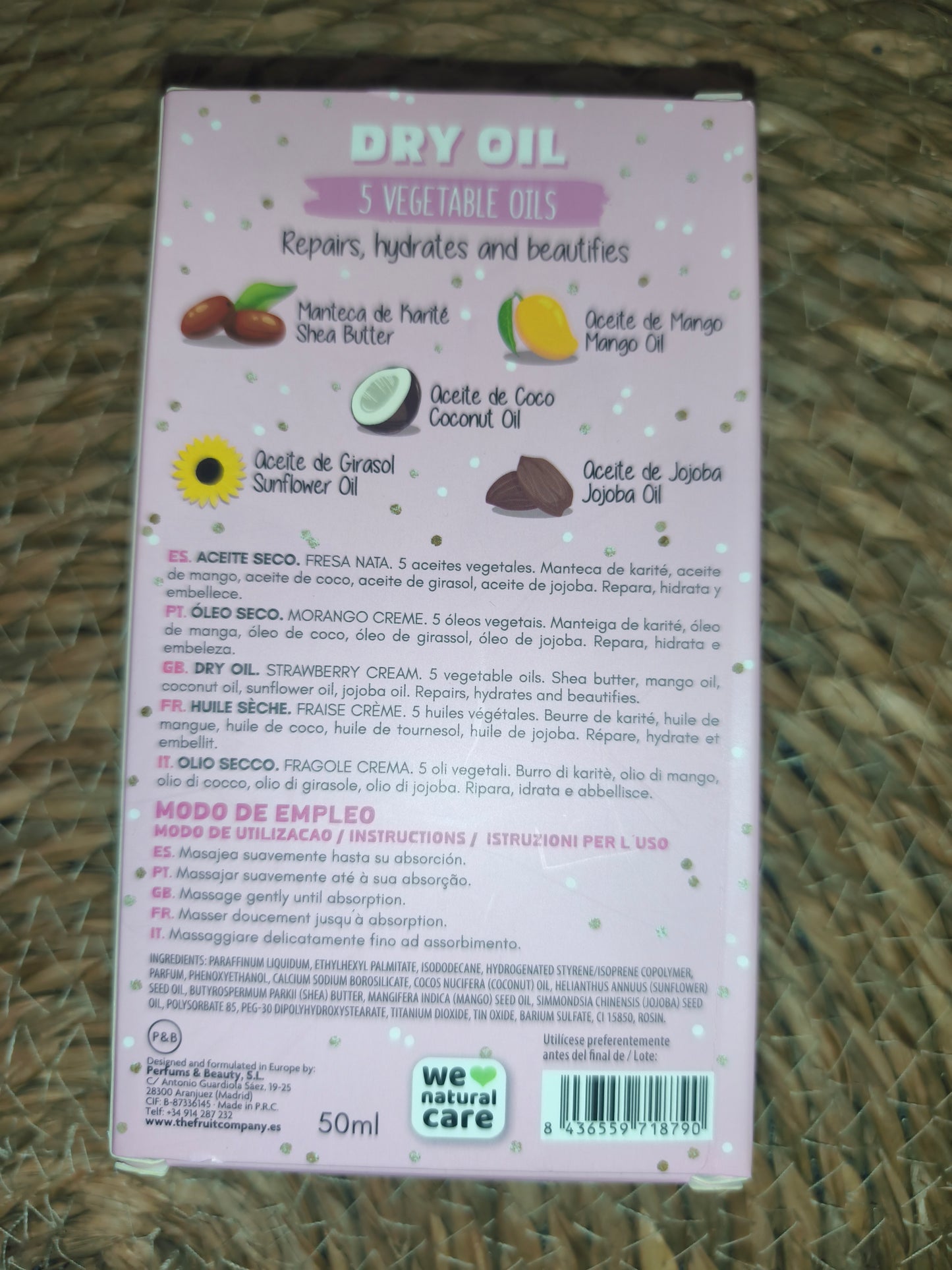 Aceite seco corporal The Fruit Company Fresa Nata con brillo – Hidratante y nutritivo