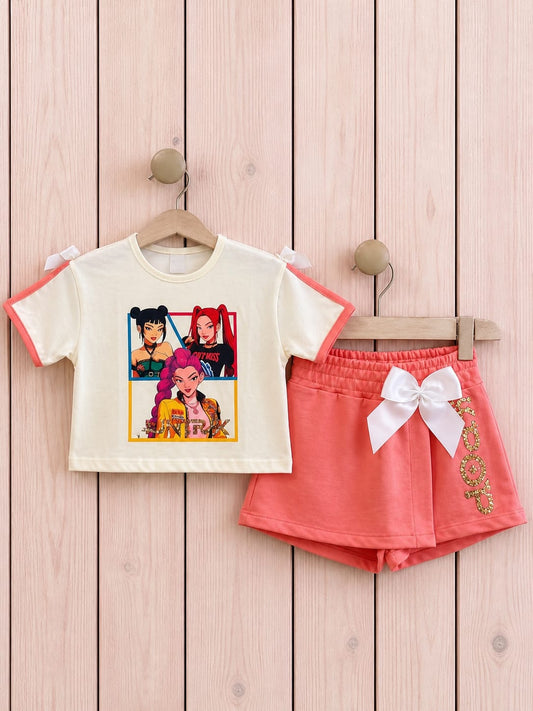 Conjunto infantil KPOP niña camiseta y falda pantalón coral