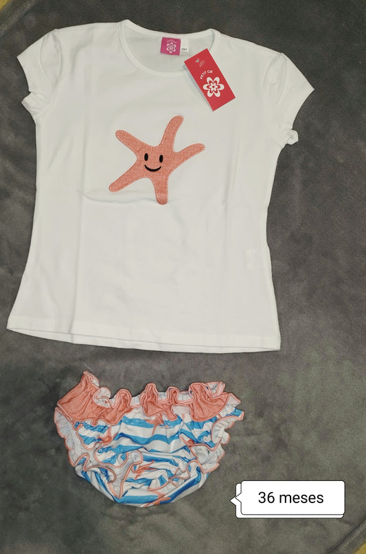Conjunto niña verano camiseta + bañador volante