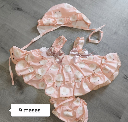 Conjunto bebé niña rosa con gorro y braguita 3 piezas