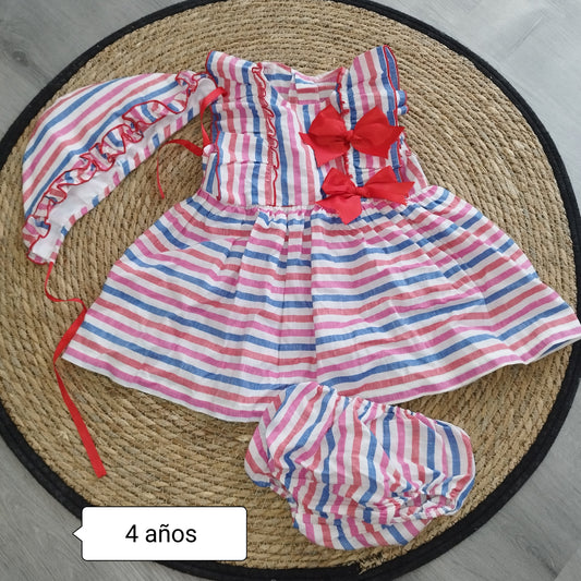 Vestido niña rayas con lazos rojos