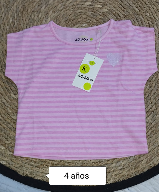 Camiseta niña LOSAN rosa rayas corazón