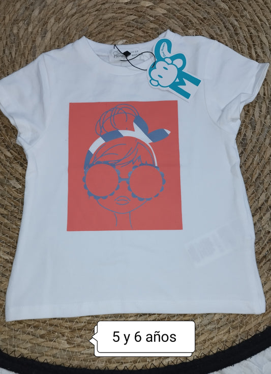 Camiseta niña blanca dibujo gafas moderna