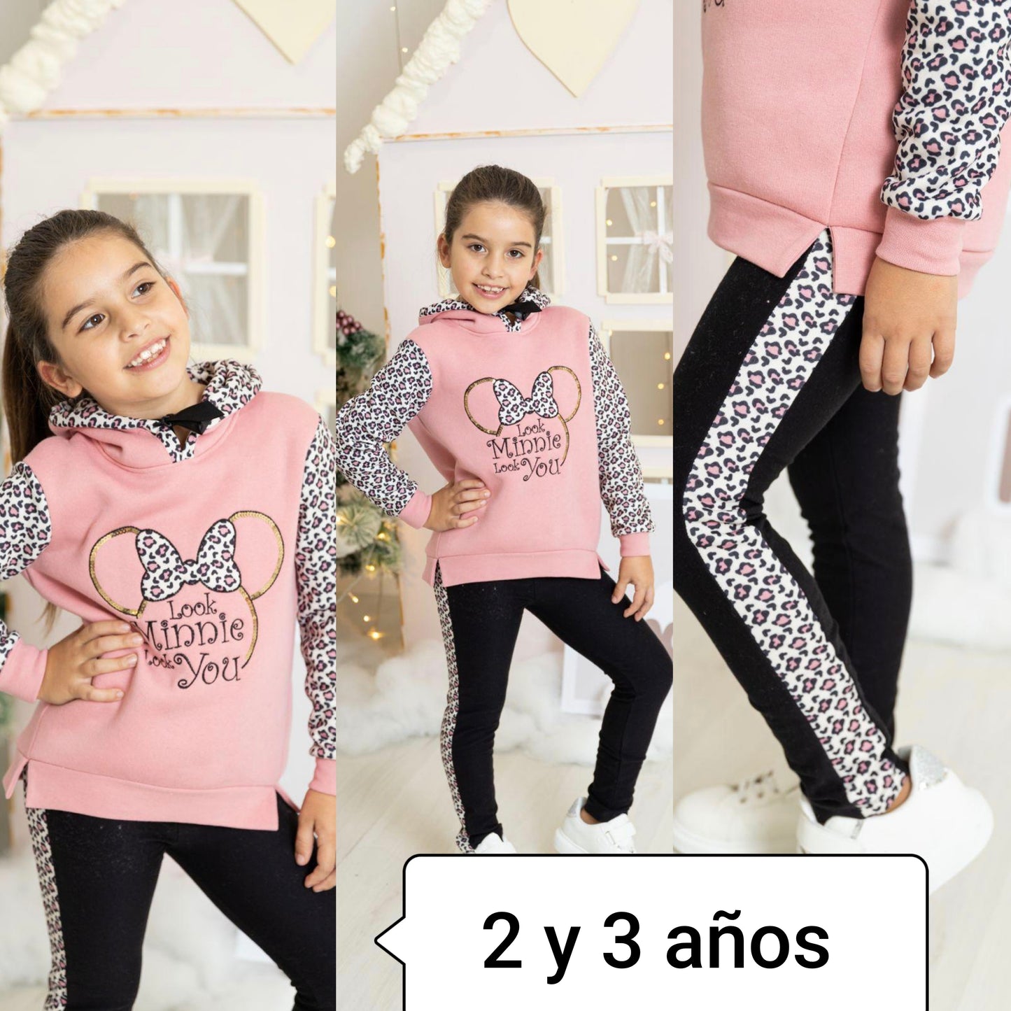 🐭 Conjunto Minnie Animal Print para Niña – Buzo con Capucha y Leggings 🐭