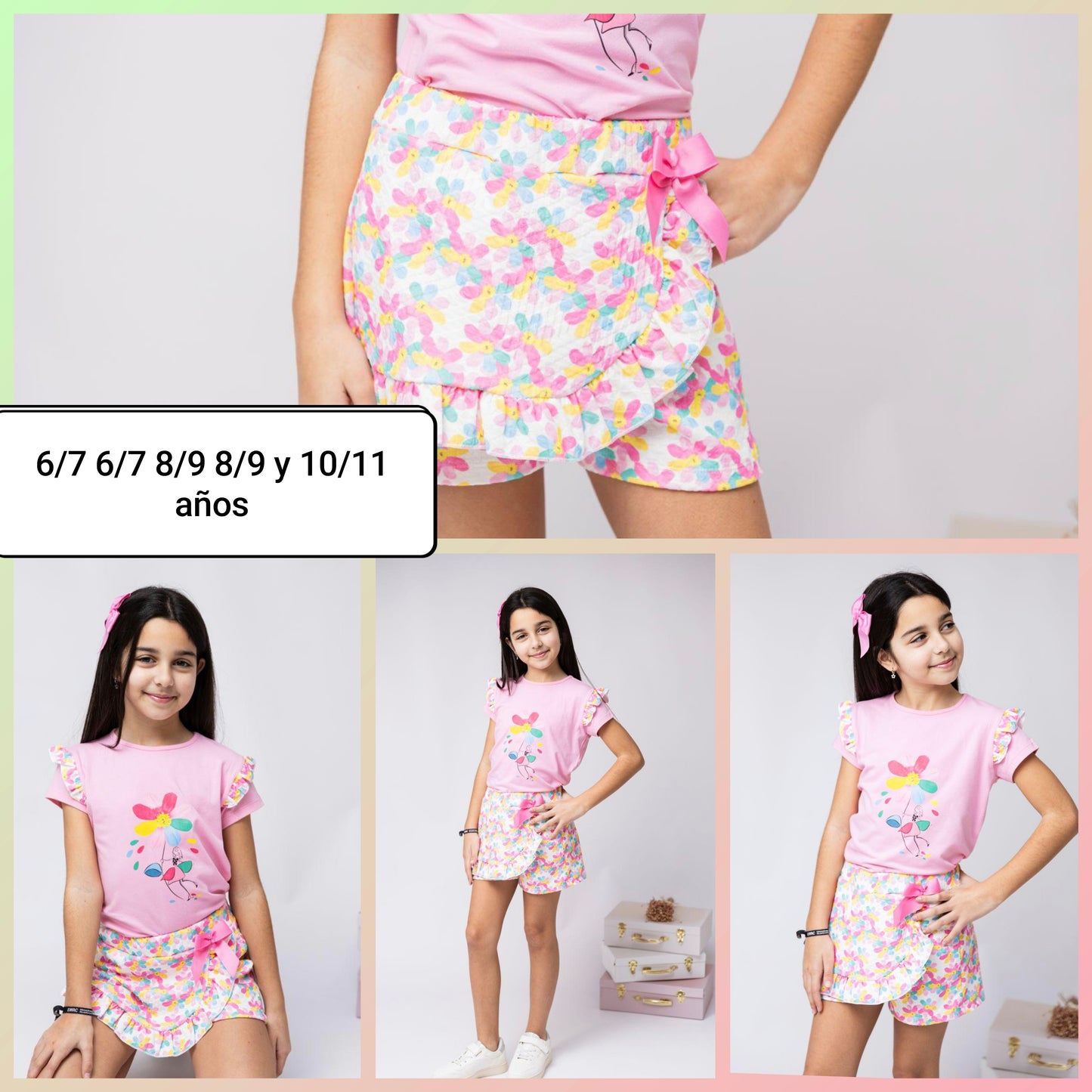 Conjunto niña verano camiseta rosa y falda estampada