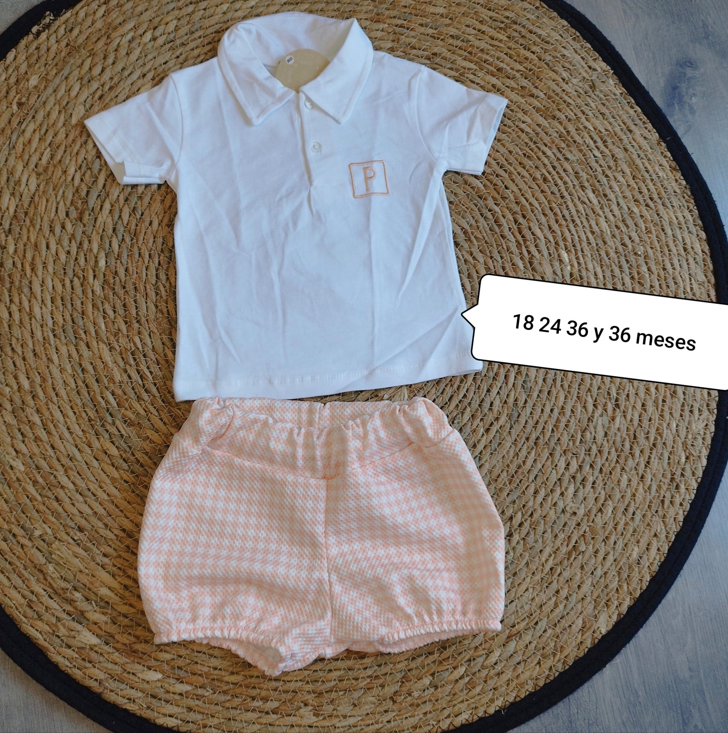 Conjunto bebé polo blanco y short vichy melocotón