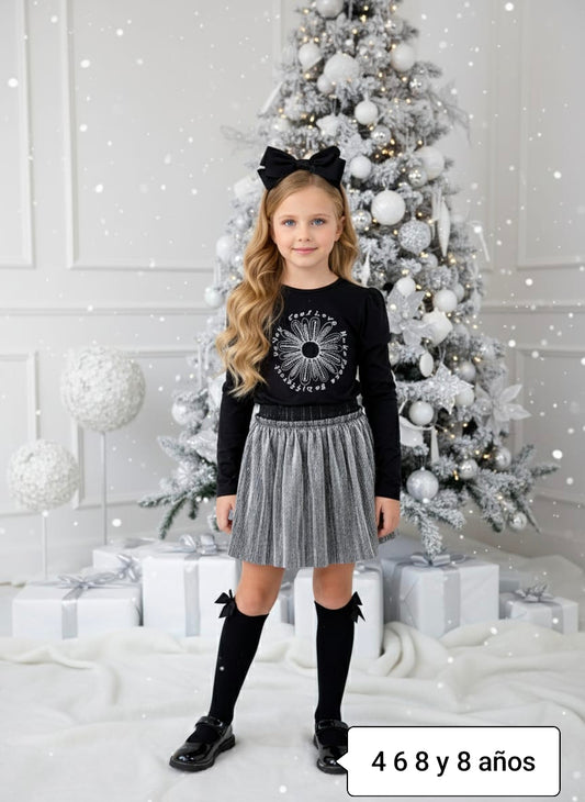 Conjunto niña elegante negro y plata falda