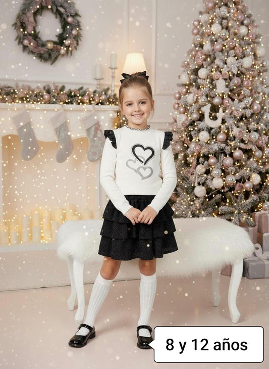 Conjunto niña elegante corazones blanco y negro
