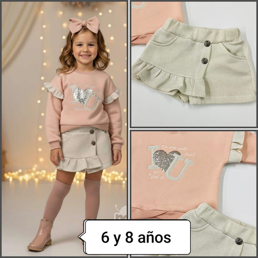 Conjunto niña sudadera rosa + falda pantalón