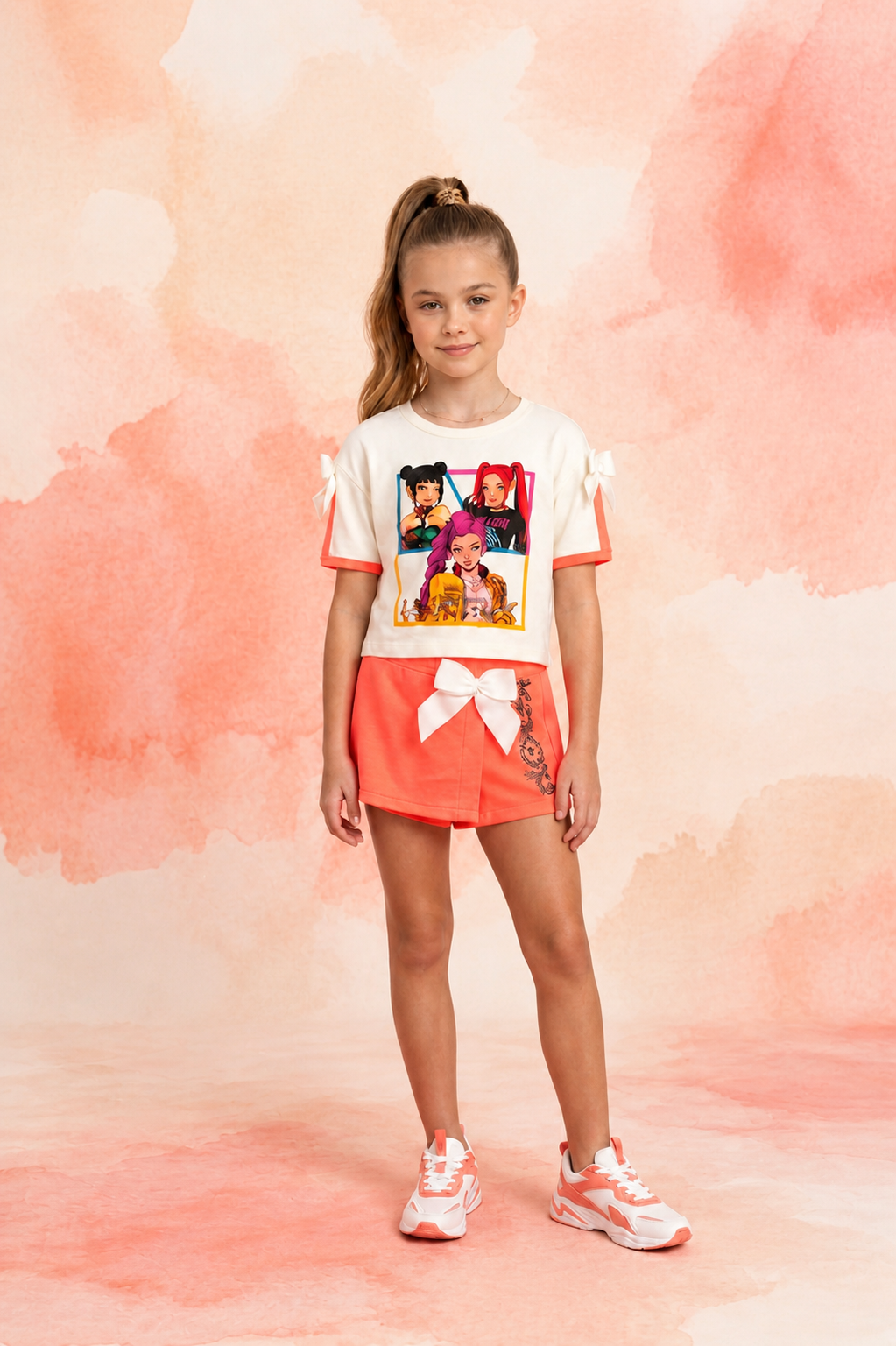 Conjunto infantil KPOP niña camiseta y falda pantalón coral