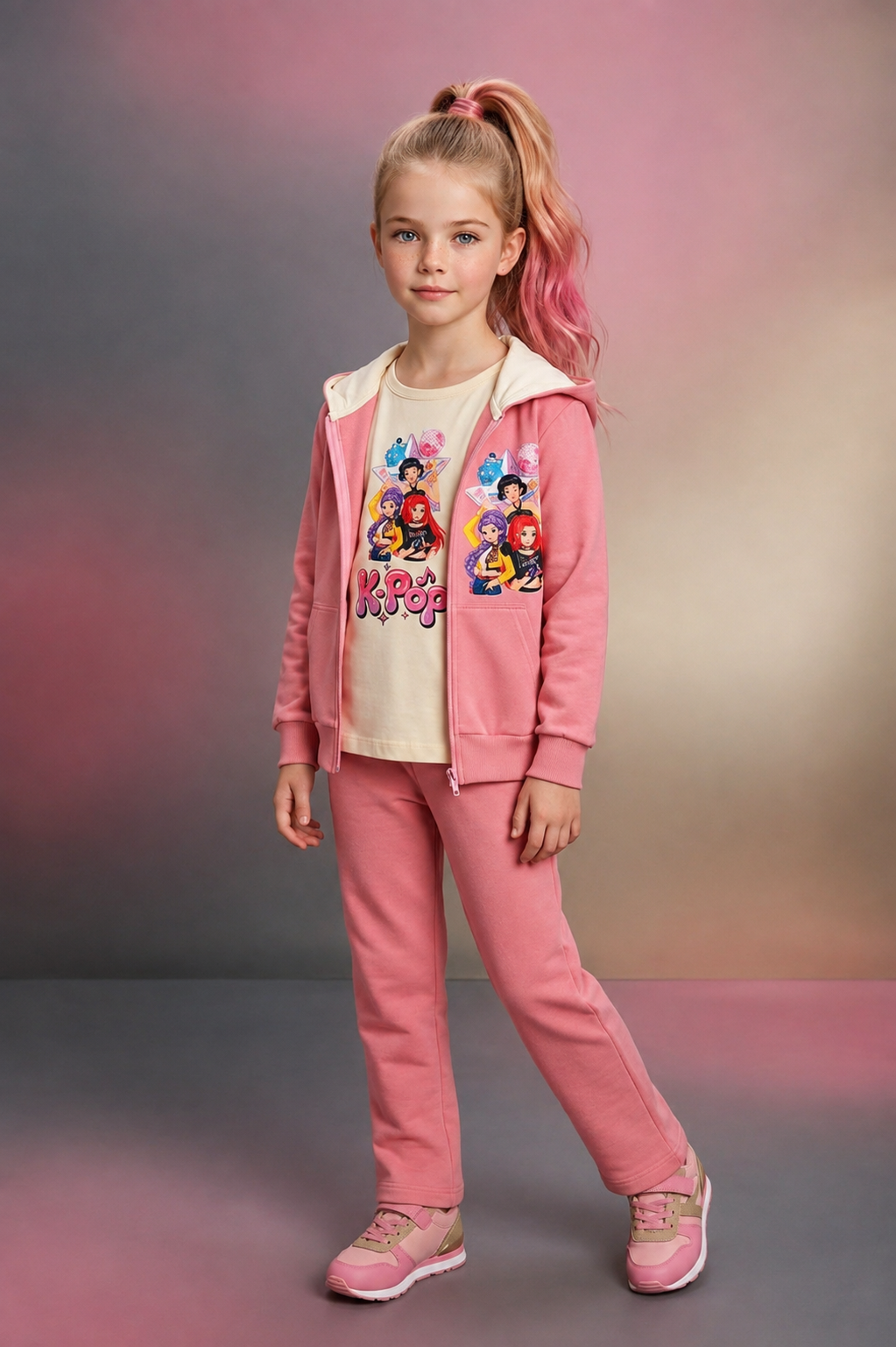 Conjunto Deportivo K-Pop Rosa para Niña – 3 Piezas
